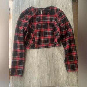 Zara Red and Black Plaid Long Sleeve Crop Top Size Medium